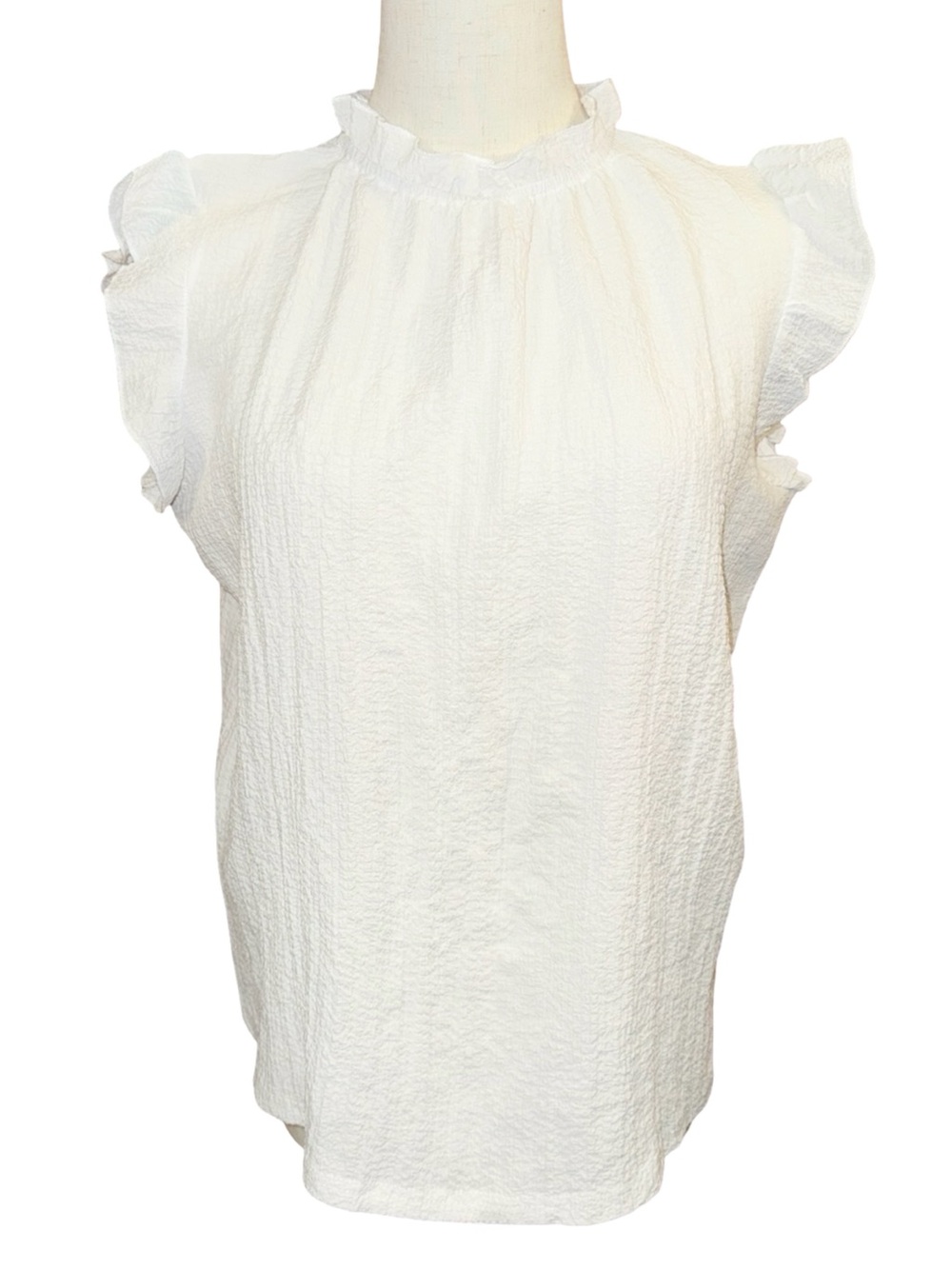 White Crepe Mock Neck Ruffle Blouse Size Small - Picture 3 of 10